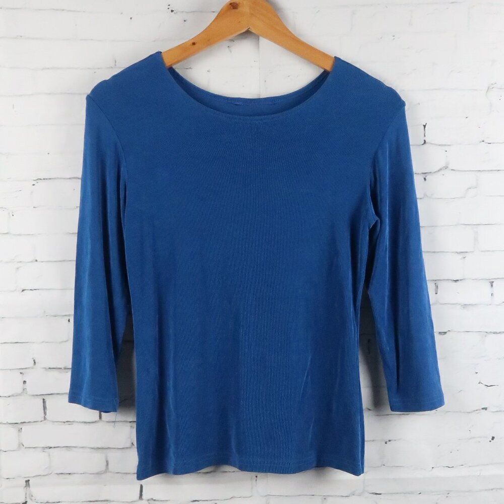 BLUE 3/4 SLEEVE ROUND NECK RIBBED STRETCHY TOP SIZE SMALL
